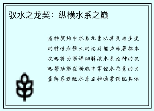驭水之龙契：纵横水系之巅