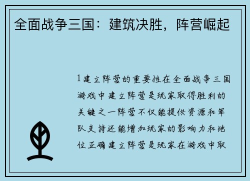 全面战争三国：建筑决胜，阵营崛起